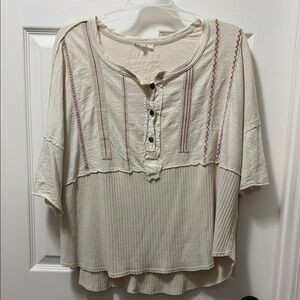 Women's Cream Ribbed Henley Short Sleeve Top with Contrast Stitching